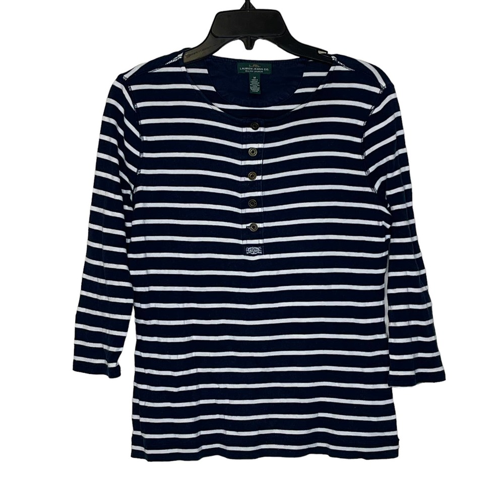 LRL Lauren Jeans Co. Striped Henleyβ Top Women Medium 3/4 Sleeve Front Button